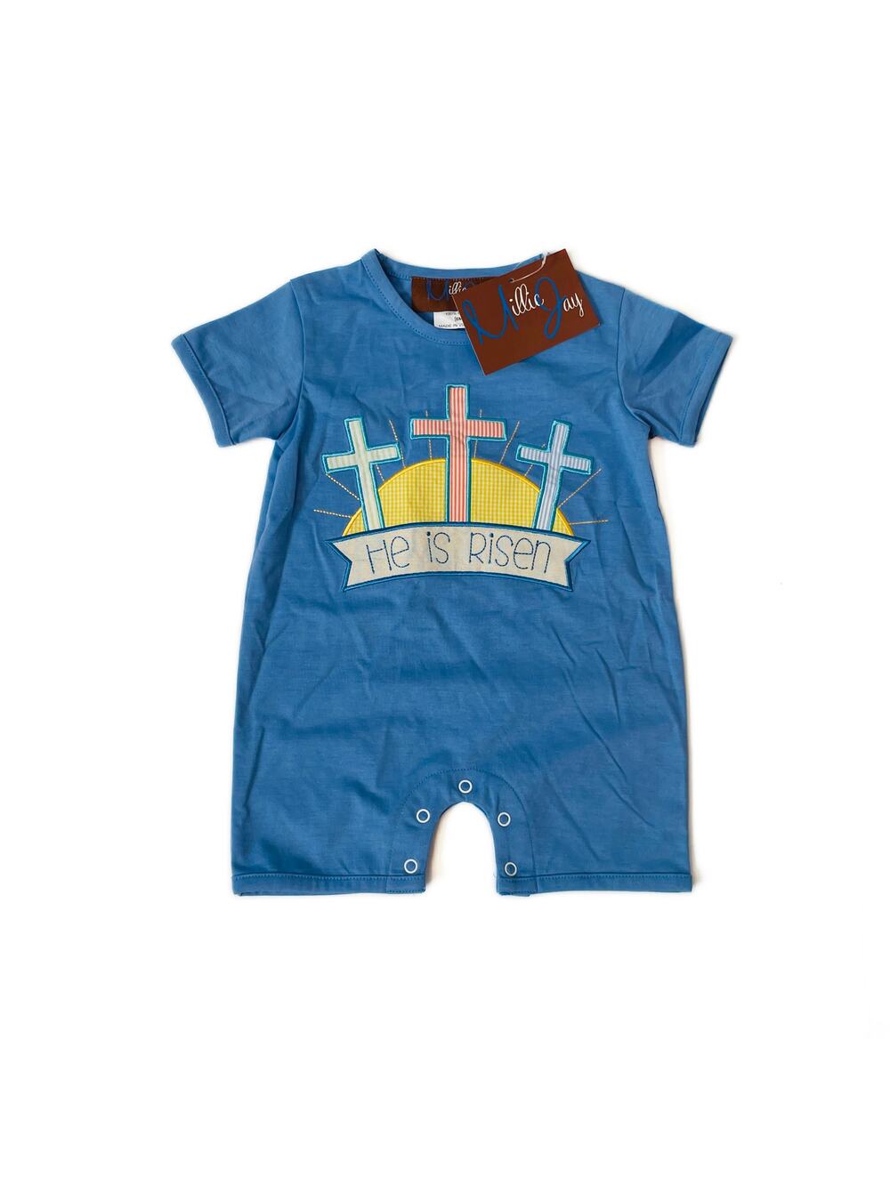 NWT Millie Jay 3M He Is Risen Blue Romper